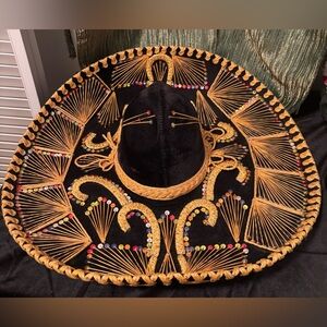 Vintage PIGALLE Mexican Sombrero Mariachi Hat Black Velvet Gold w/Color Sequins